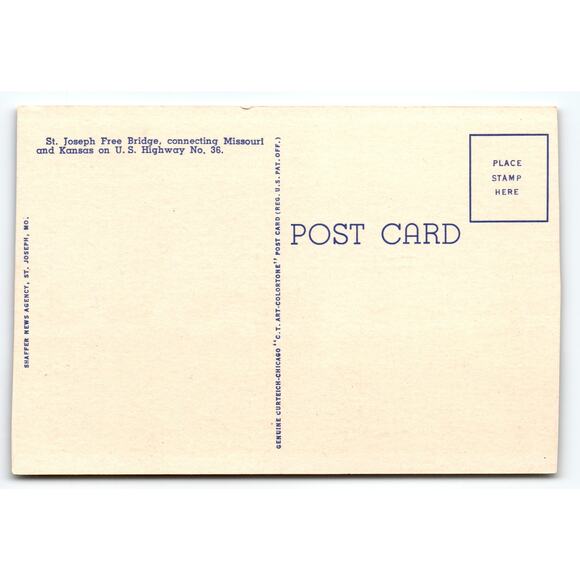 Vintage Linen Postcard St. Joseph Free Bridge Missouri River 1940s TRIMMED - Picture 2 of 2